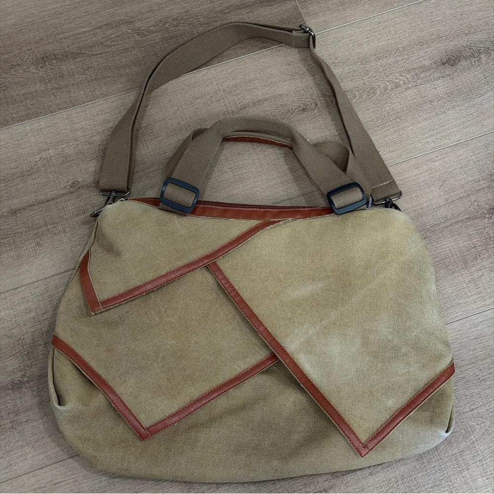Canvas Shoulder Bag Duffle Style Tote 20W X 13” Length 2 Grab Handles Long Strap - Picture 2 of 7